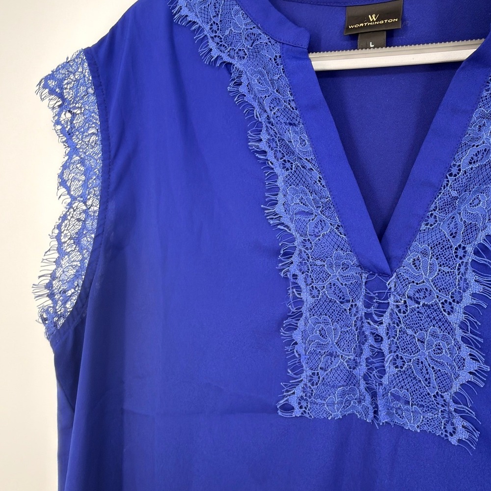 Worthington Blouse Women Large Royal Blue Lace Trim V-Neck Mixed Media Office - Picture 4 of 8